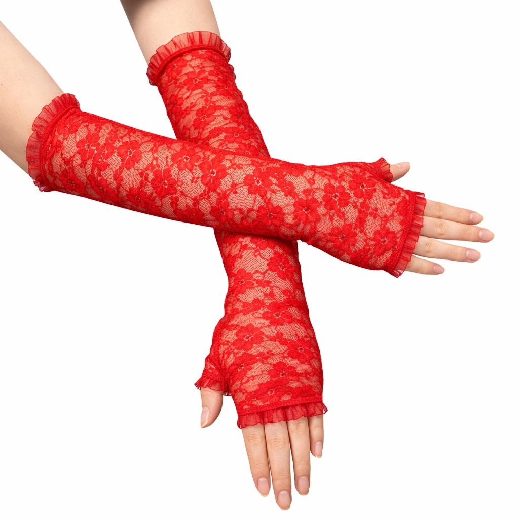 Mey İthalat® Uzun Zarif Dantel Eldiven Parmaksız Kırmızı 35 cm