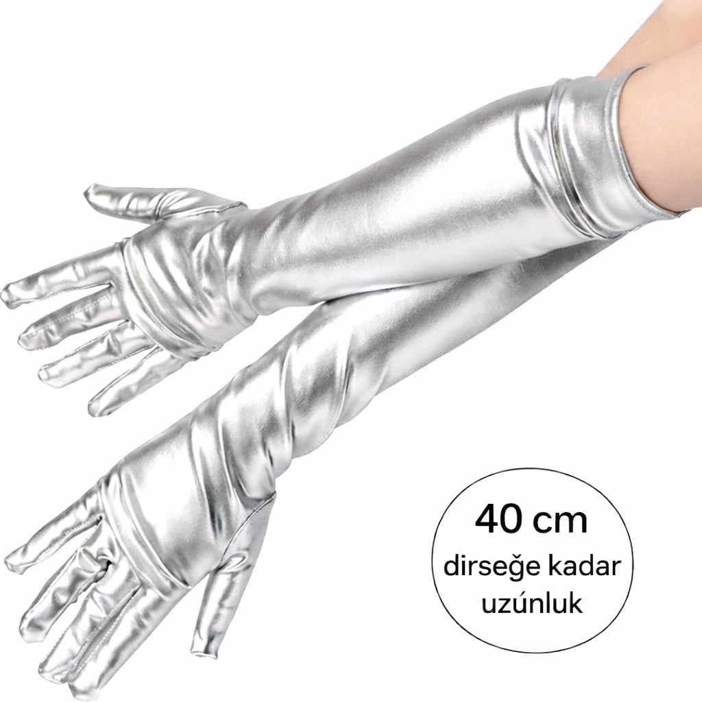 Mey İthalat® Gümüş Renk Dirsek Altı Lüks Saten Eldiven 40 cm