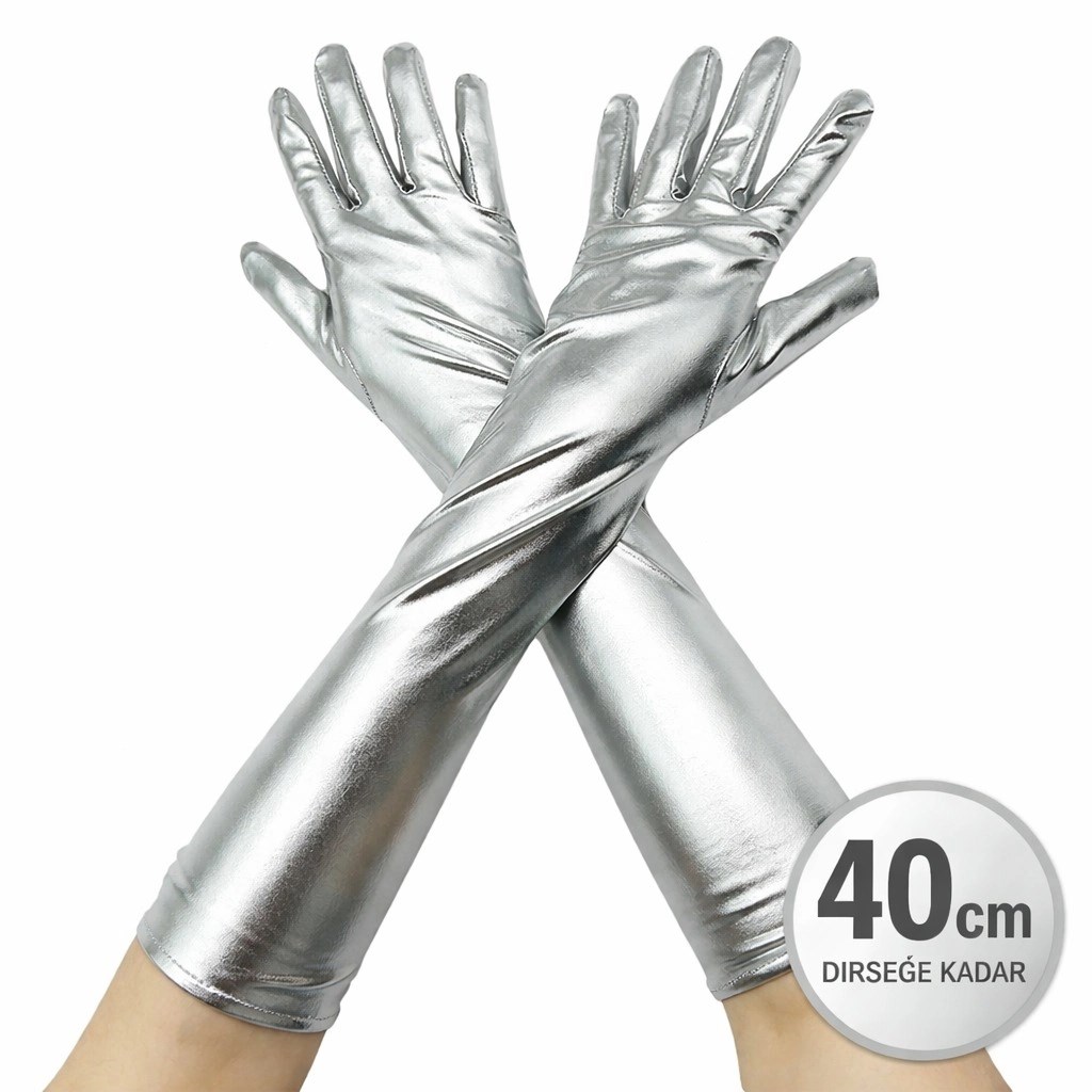 Mey İthalat® Gümüş Renk Dirsek Altı Lüks Saten Eldiven 40 cm