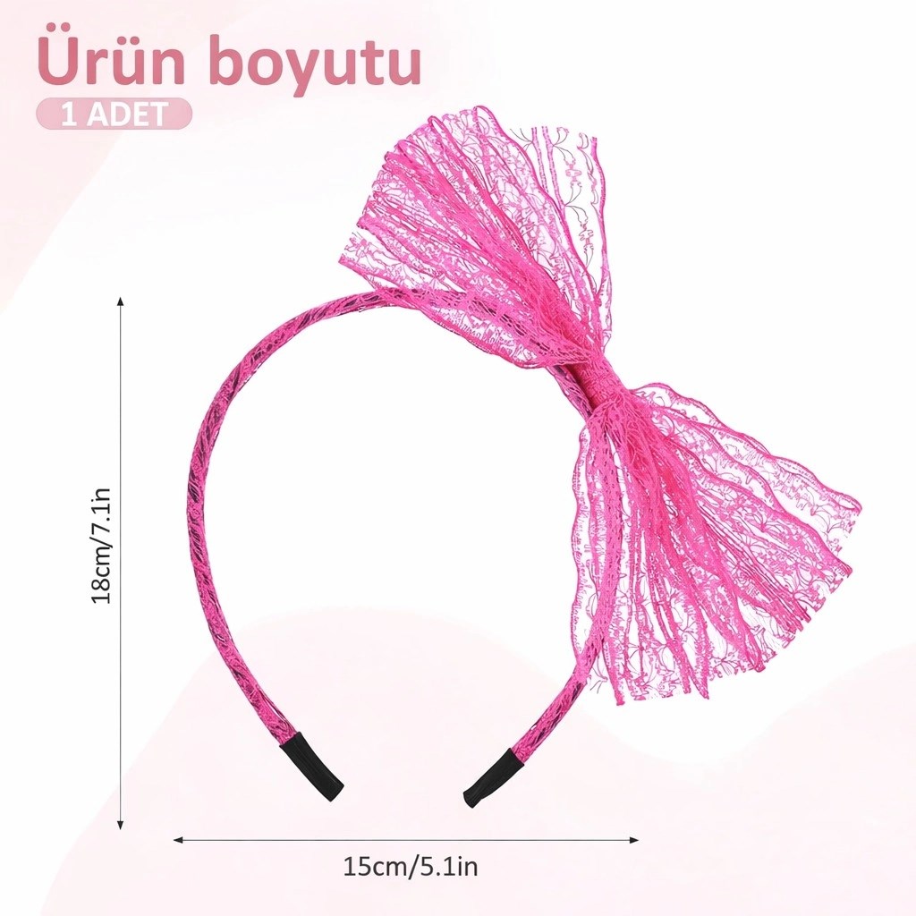 Mey İthalat® 80’ler 90’lar Neon Pembe Dantel Taç Fiyonklu
