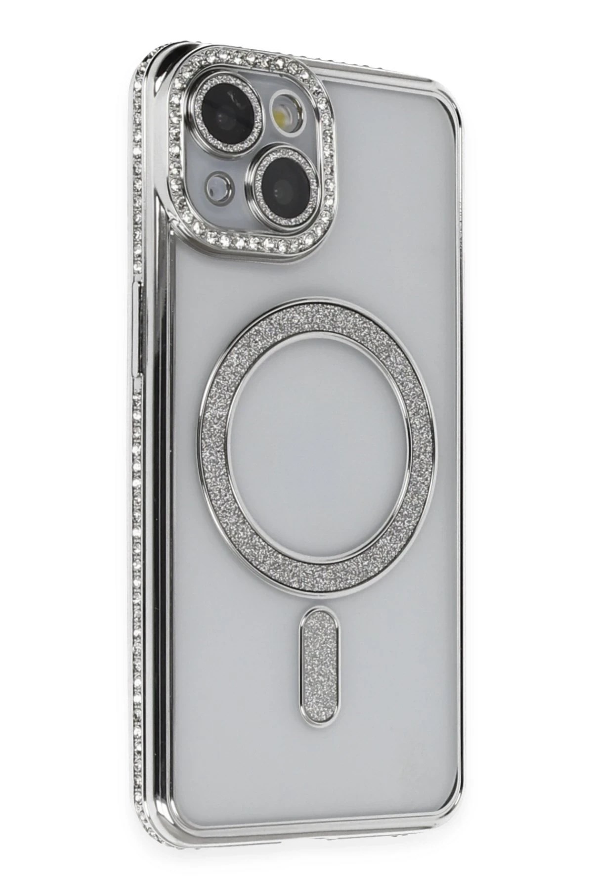 Mey İthalat®  iPhone 14 Kılıf Joke Simli Magneticsafe Kılıf - Gümüş
