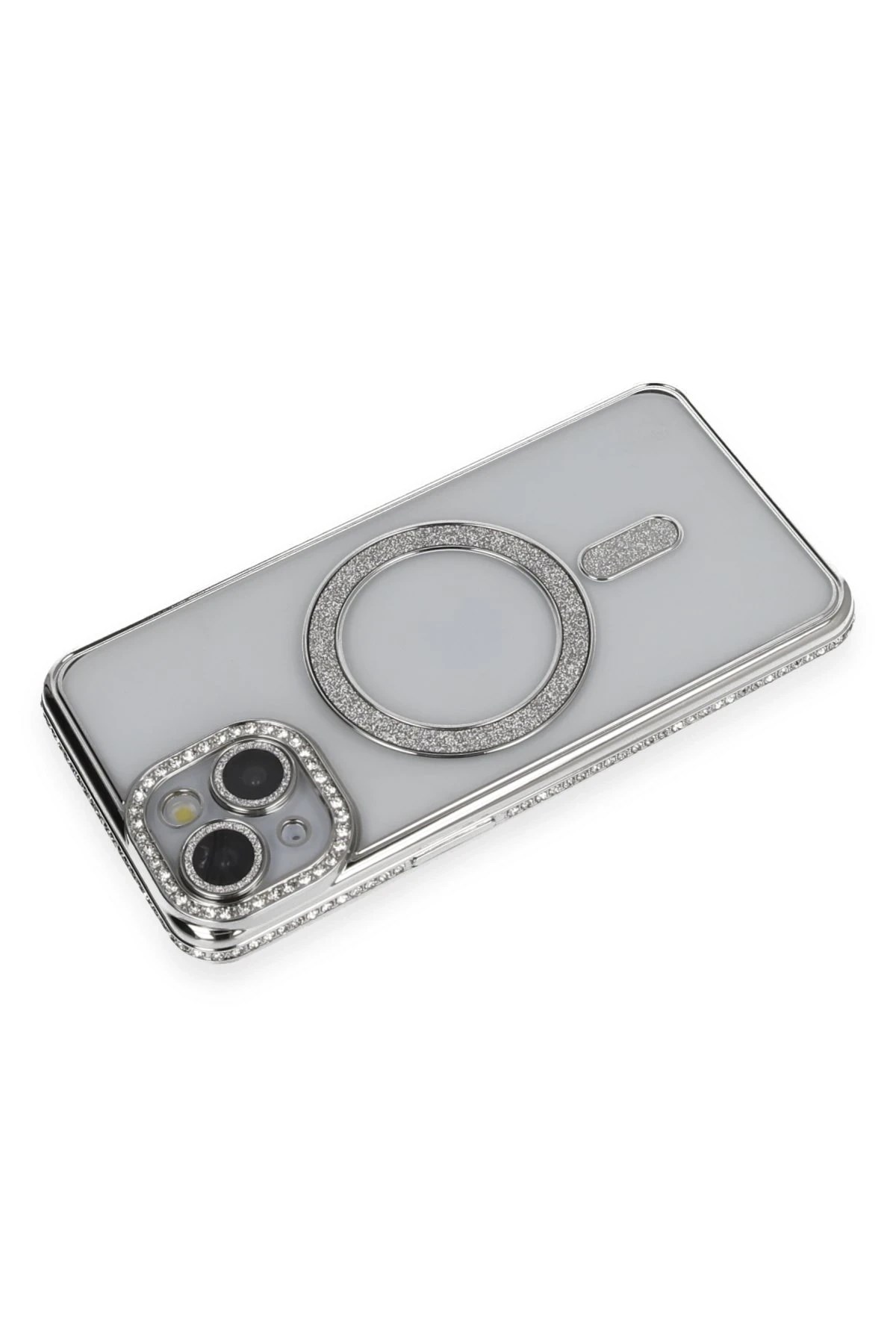 Mey İthalat®  iPhone 14 Kılıf Joke Simli Magneticsafe Kılıf - Gümüş