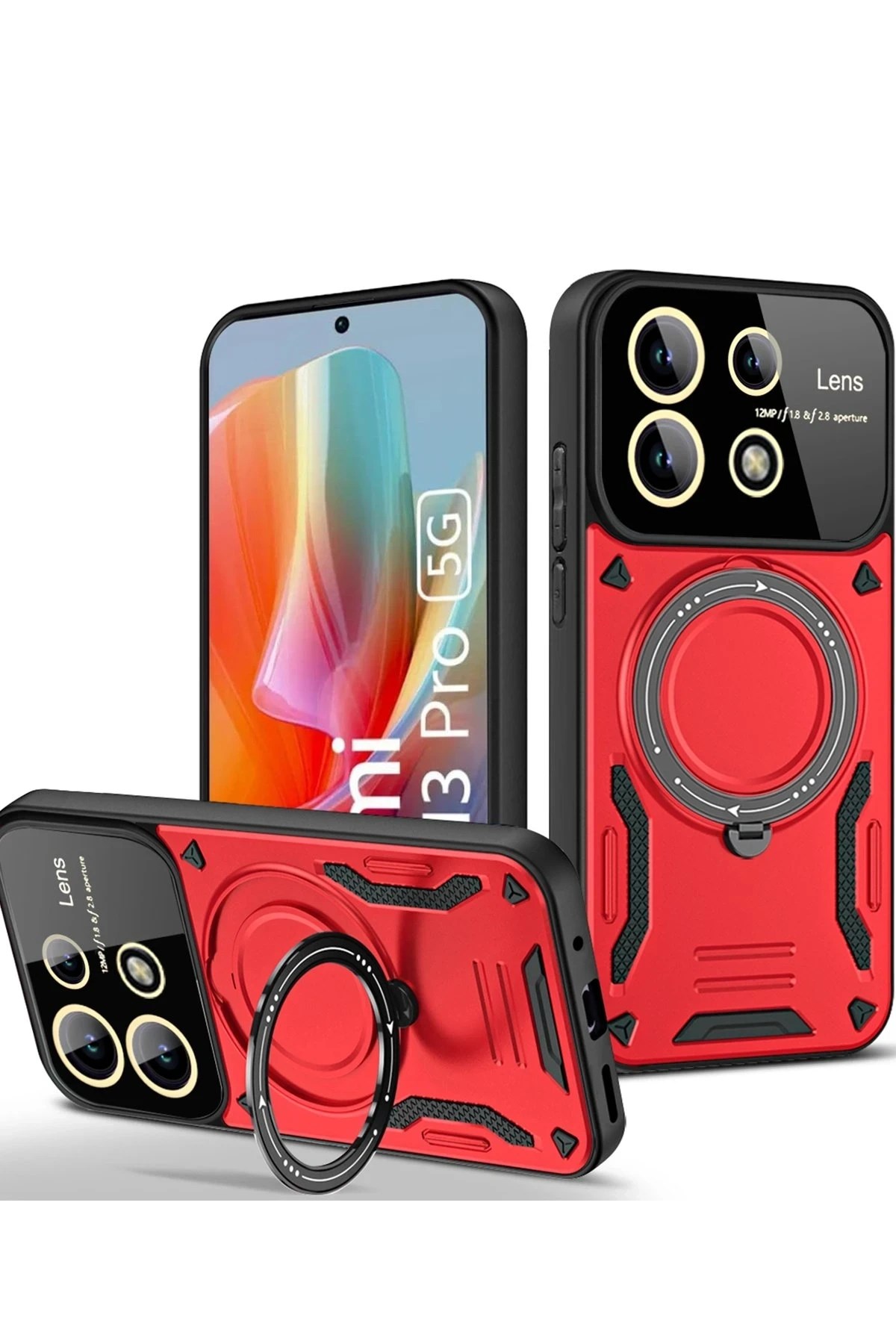 Mey İthalat®   Redmi Note 13 Pro 5G Kılıf Joy Lens Standlı Kapak - Kırmızı