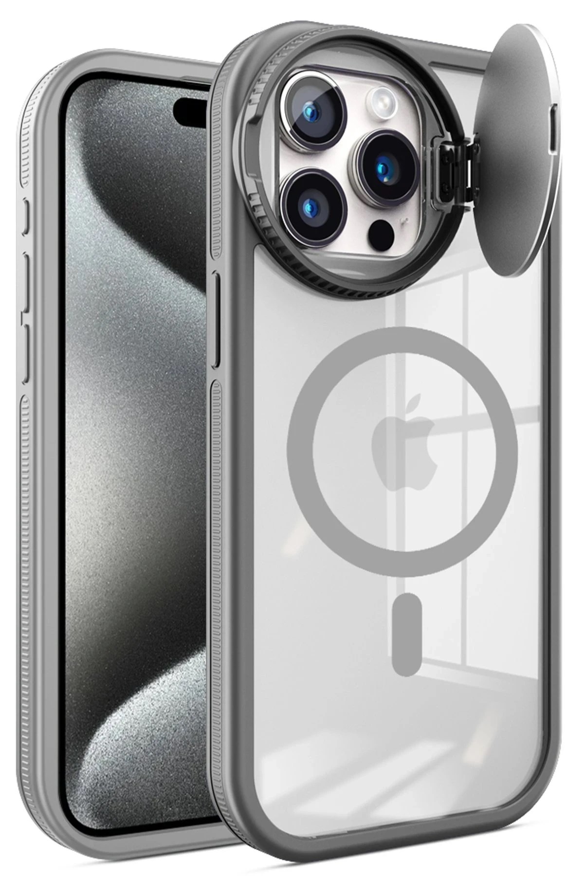 Mey İthalat®  iPhone 15 Pro Max Kılıf Teleskop Lens Magsafe Silikon Kapak - Titan Gri