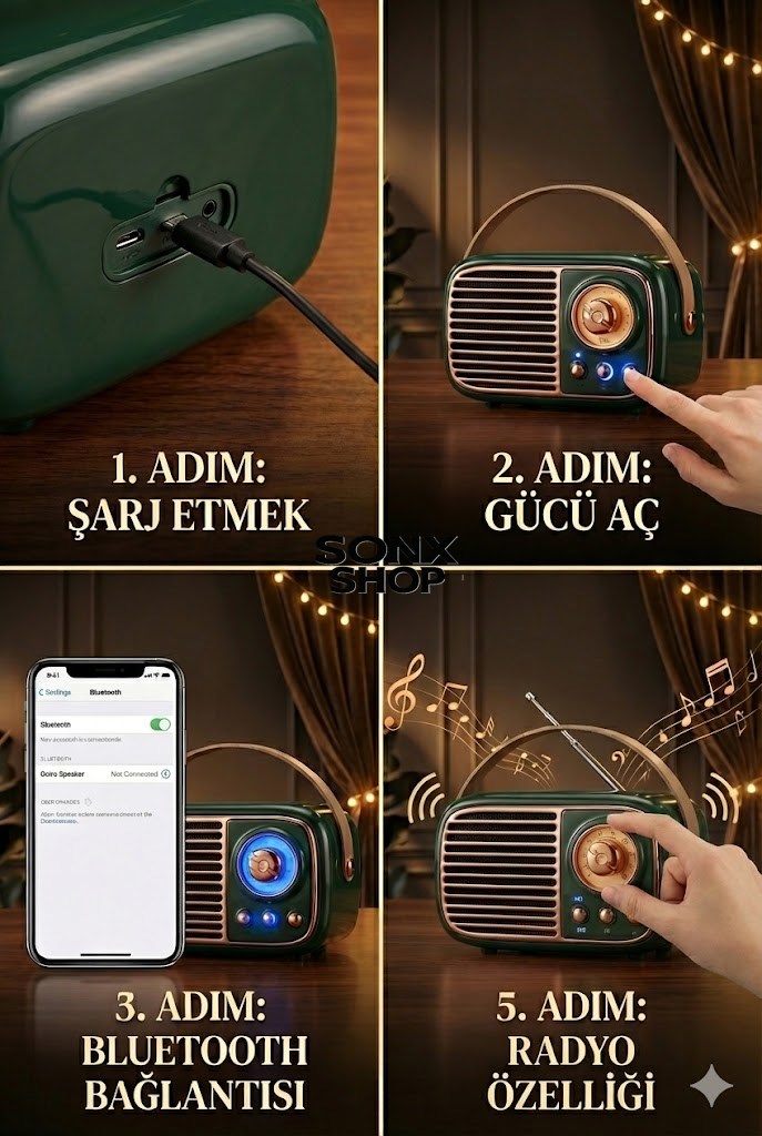 SONX Nostaljik Retro Bluetooth  - FM Radyo, USB ve Bluetooth Kablosuz Hoparlör