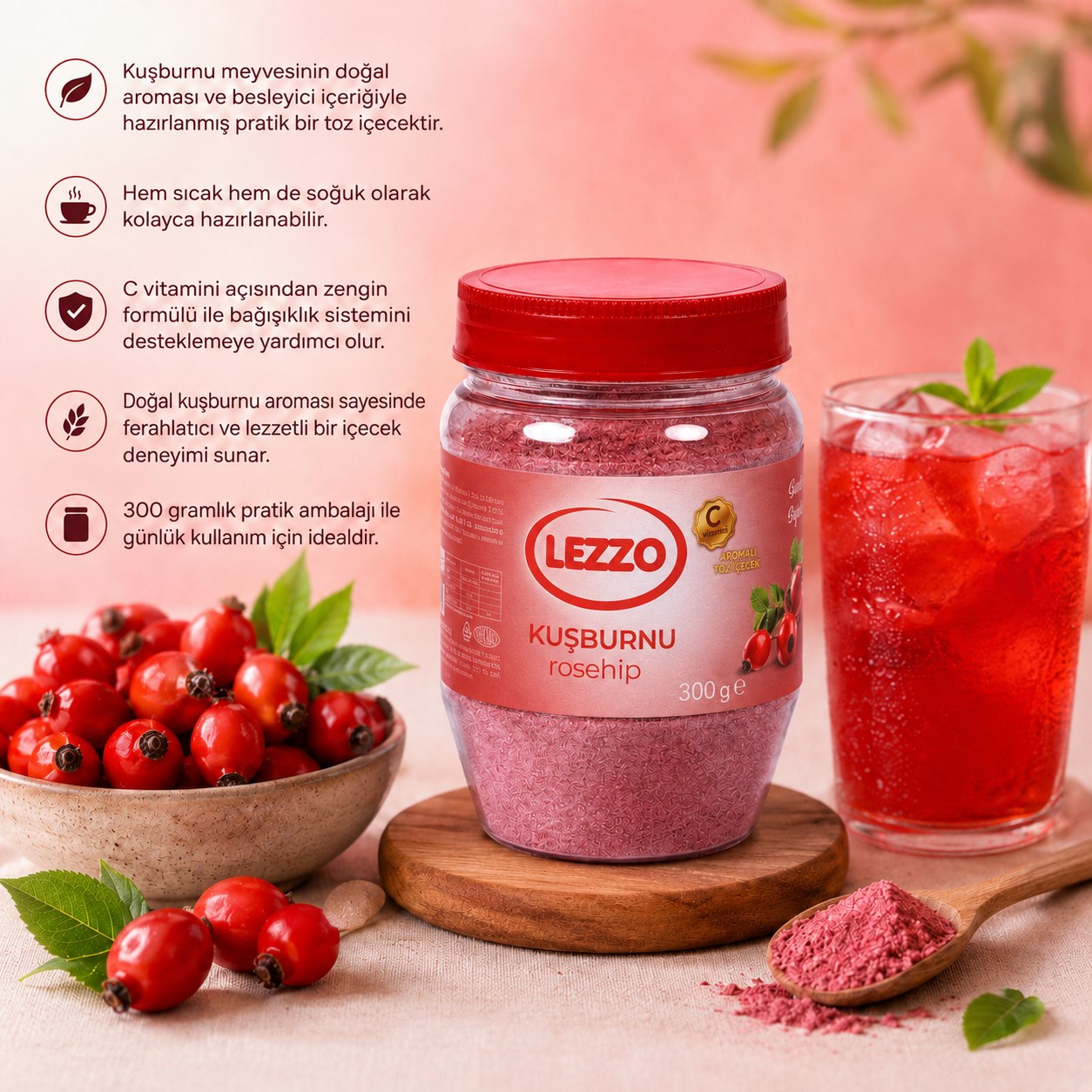 Lezzo Kuşburnu Aromalı Toz İçecek 300 Gr – Sıcak ve Soğuk İçim