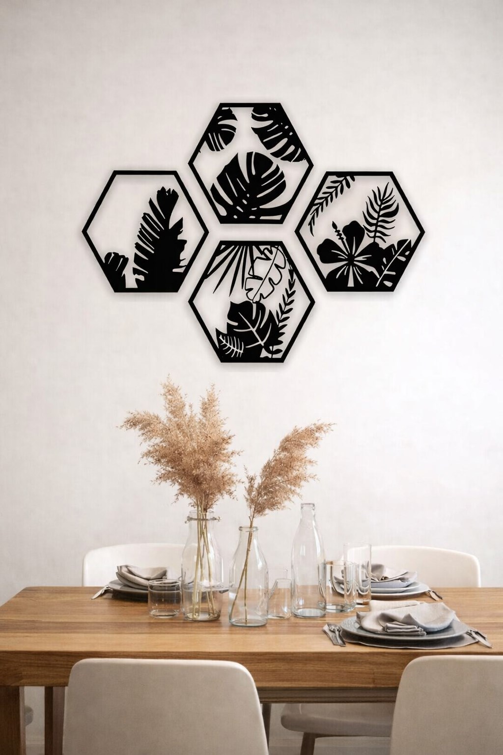 HexaLeaf – Tropikal Yaprak Desenli Altıgen Ahşap Duvar Dekoru