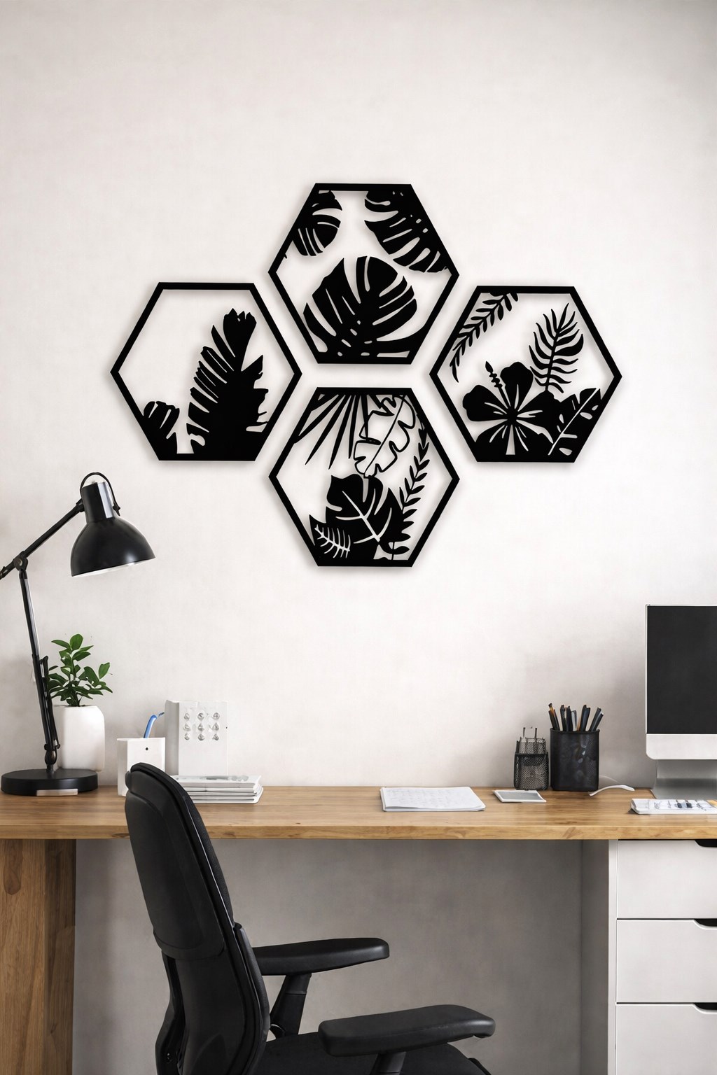 HexaLeaf – Tropikal Yaprak Desenli Altıgen Ahşap Duvar Dekoru