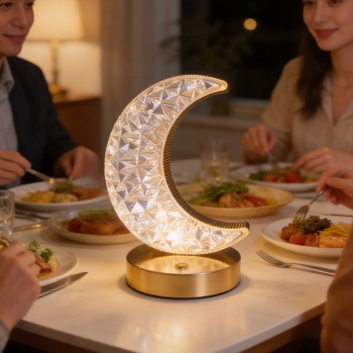 BUFFER® Hilal AY Model Kristal LED Masa Lambası – Dokunmatik, 3 Renk Işık Modlu, Şarjlı Mini Dekoratif Gece Lambası