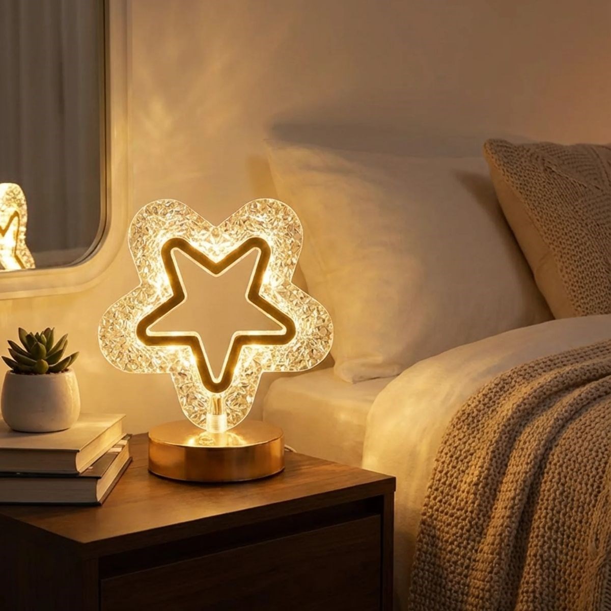 BUFFER® İçi Boş Yıldız Şeklinde Kristal LED Masa Lambası – Dokunmatik, 3 Renk Işık Modlu, Şarjlı Mini Dekoratif Gece Lambası