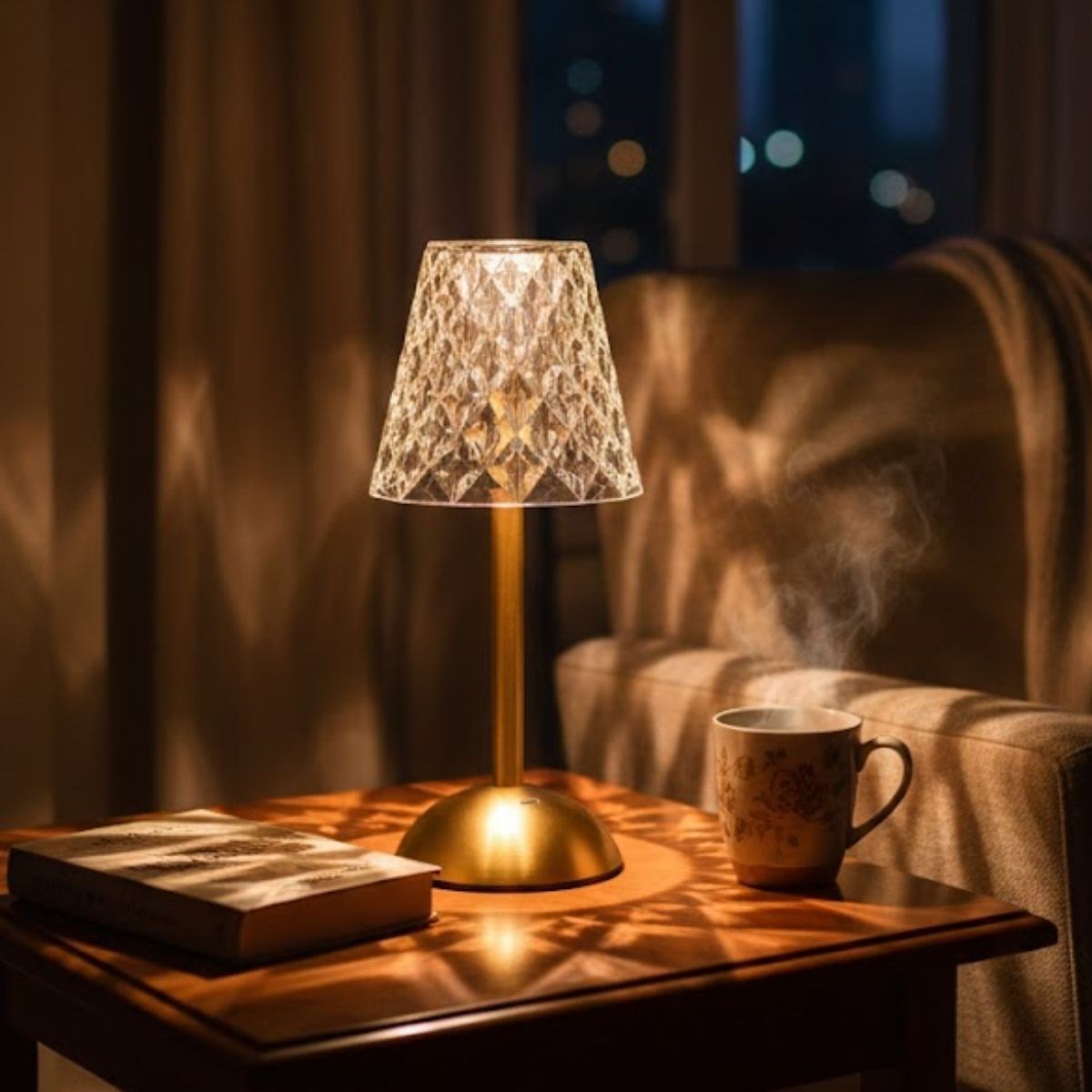 BUFFER® Uzun Klasik Şeffaf Baklava Model LED Masa Lambası – Dokunmatik, 3 Renk Işık Modlu, Şarjlı Dekoratif Gece Lambası