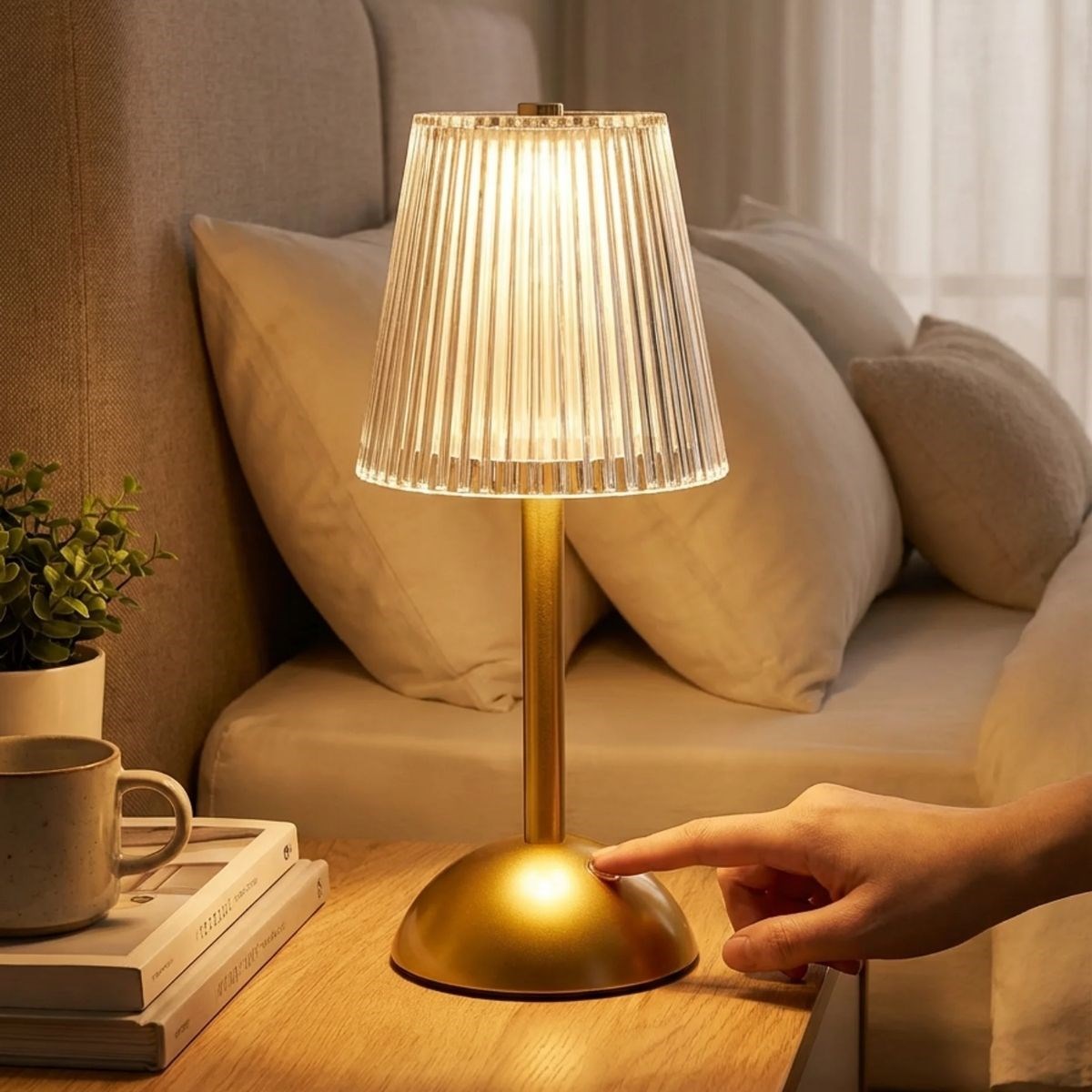 BUFFER® Uzun Klasik Çizgili Model LED Masa Lambası – Dokunmatik, 3 Renk Işık Modlu, Şarjlı Dekoratif Gece Lambası