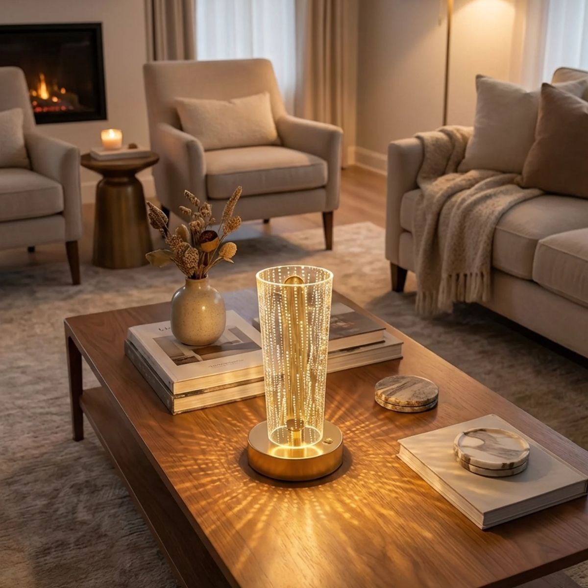 BUFFER® Silindirik Kristal Nokta Model LED Masa Lambası – Gold Tabanlı, Dokunmatik, 3 Renk Işık Modlu, Şarjlı Modern Dekoratif Gece Lambası