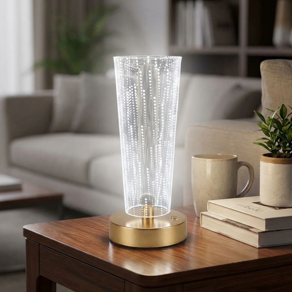 BUFFER® Silindirik Kristal Nokta Model LED Masa Lambası – Gold Tabanlı, Dokunmatik, 3 Renk Işık Modlu, Şarjlı Modern Dekoratif Gece Lambası