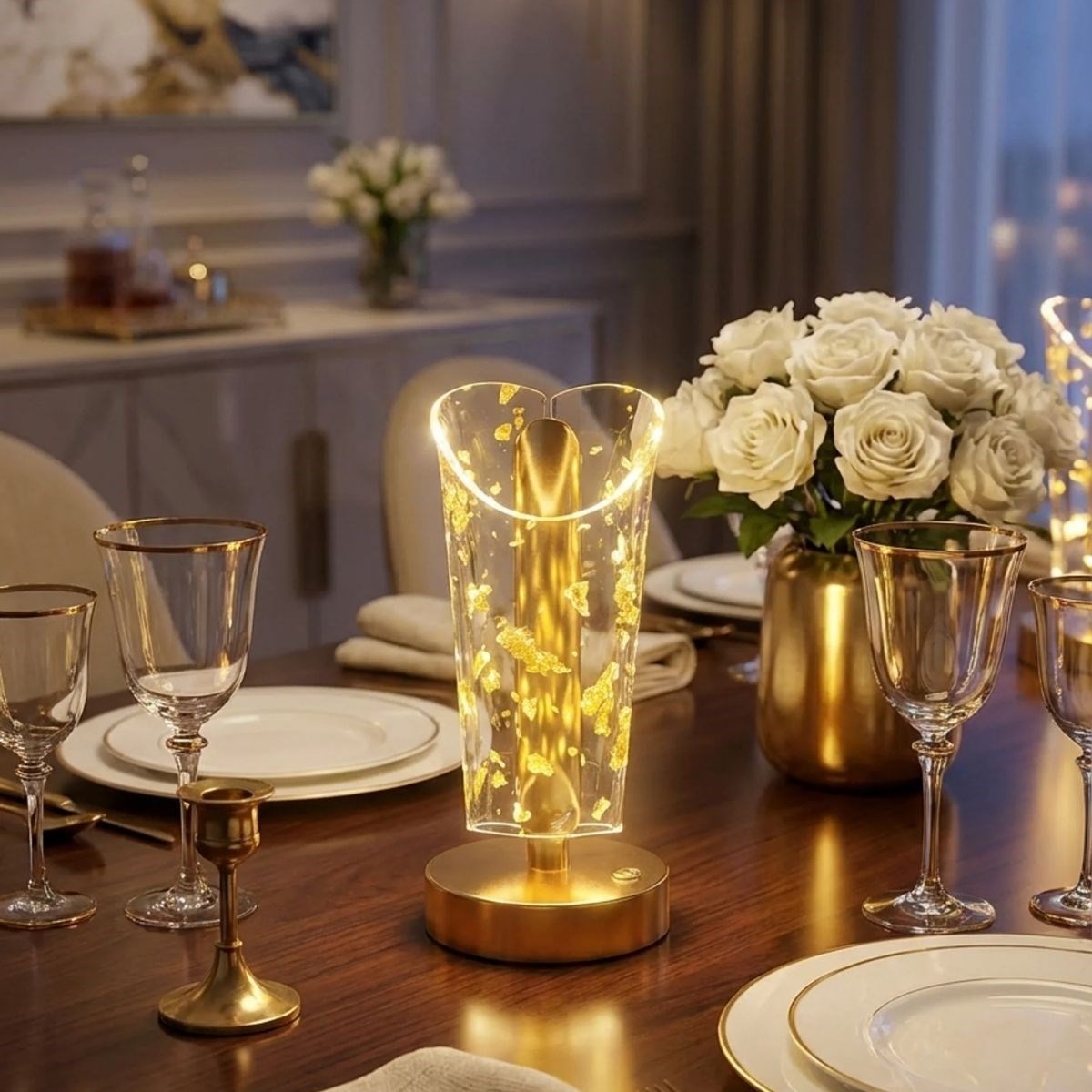 BUFFER® Açık Silindirik Kristal Altın Toz Model LED Masa Lambası – Gold Tabanlı, Dokunmatik, 3 Renk Işık Modlu, Şarjlı Modern Dekoratif Gece Lambası