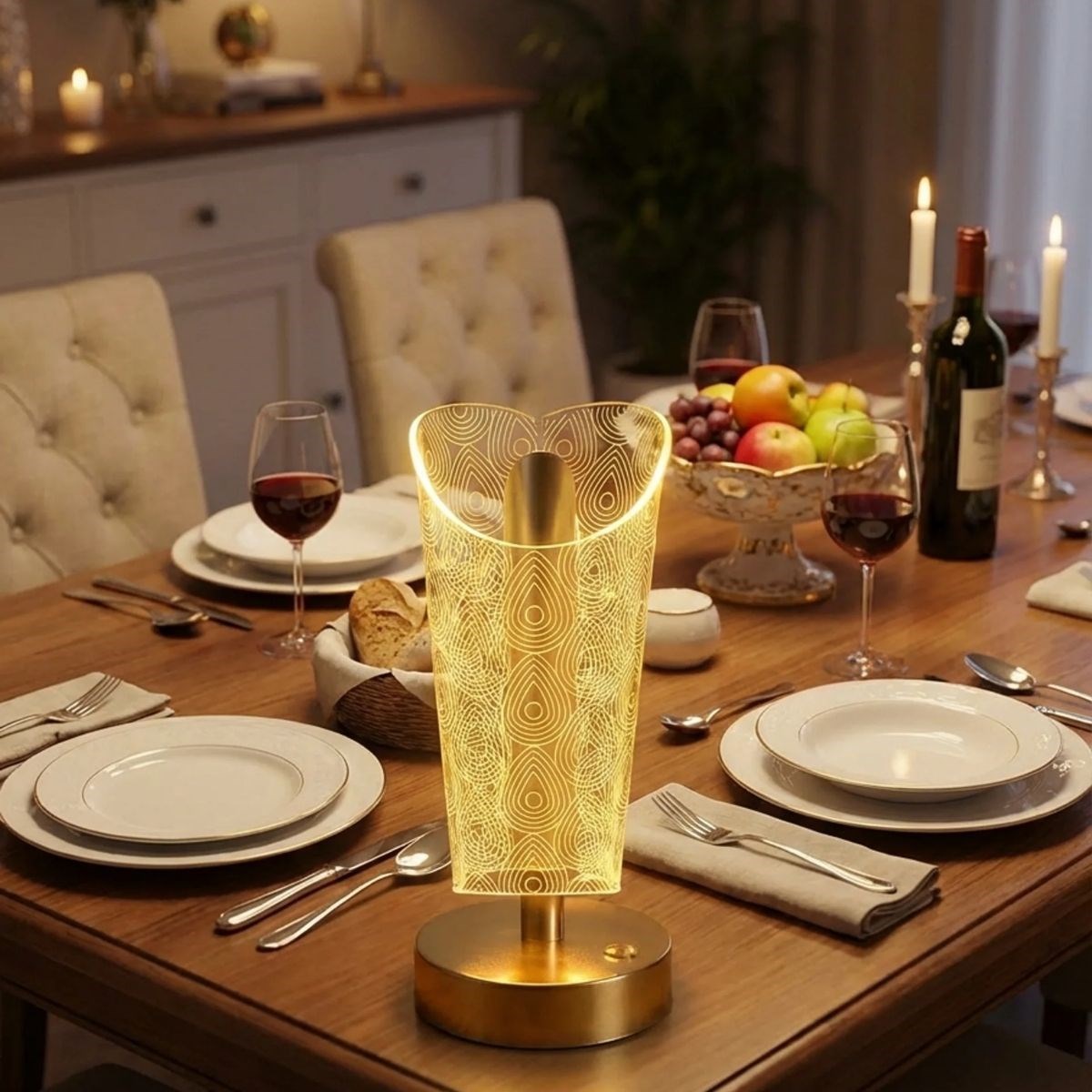 BUFFER® Açık Silindirik Kristal Damla Model LED Masa Lambası – Gold Tabanlı, Dokunmatik, 3 Renk Işık Modlu, Şarjlı Modern Dekoratif Gece Lambası