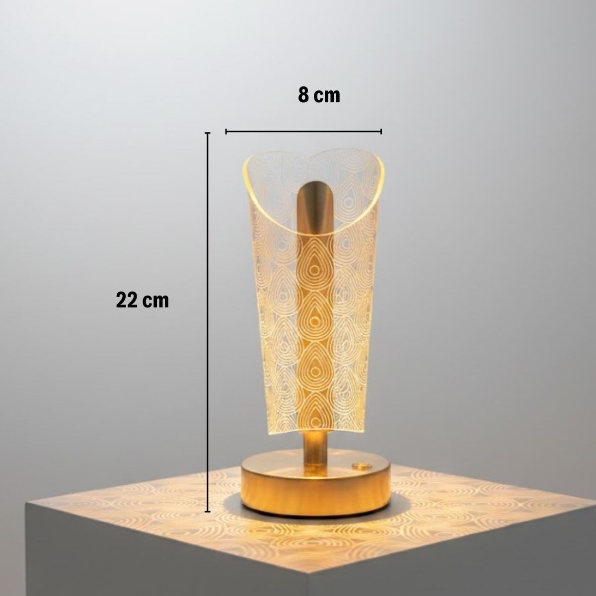 BUFFER® Açık Silindirik Kristal Damla Model LED Masa Lambası – Gold Tabanlı, Dokunmatik, 3 Renk Işık Modlu, Şarjlı Modern Dekoratif Gece Lambası