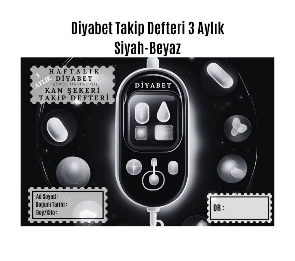 Diyabet Ölçüm Takip Çizelgesi Defteri A Kalite Özel Tasarım 3 Aylık A5 Siyah-beyaz