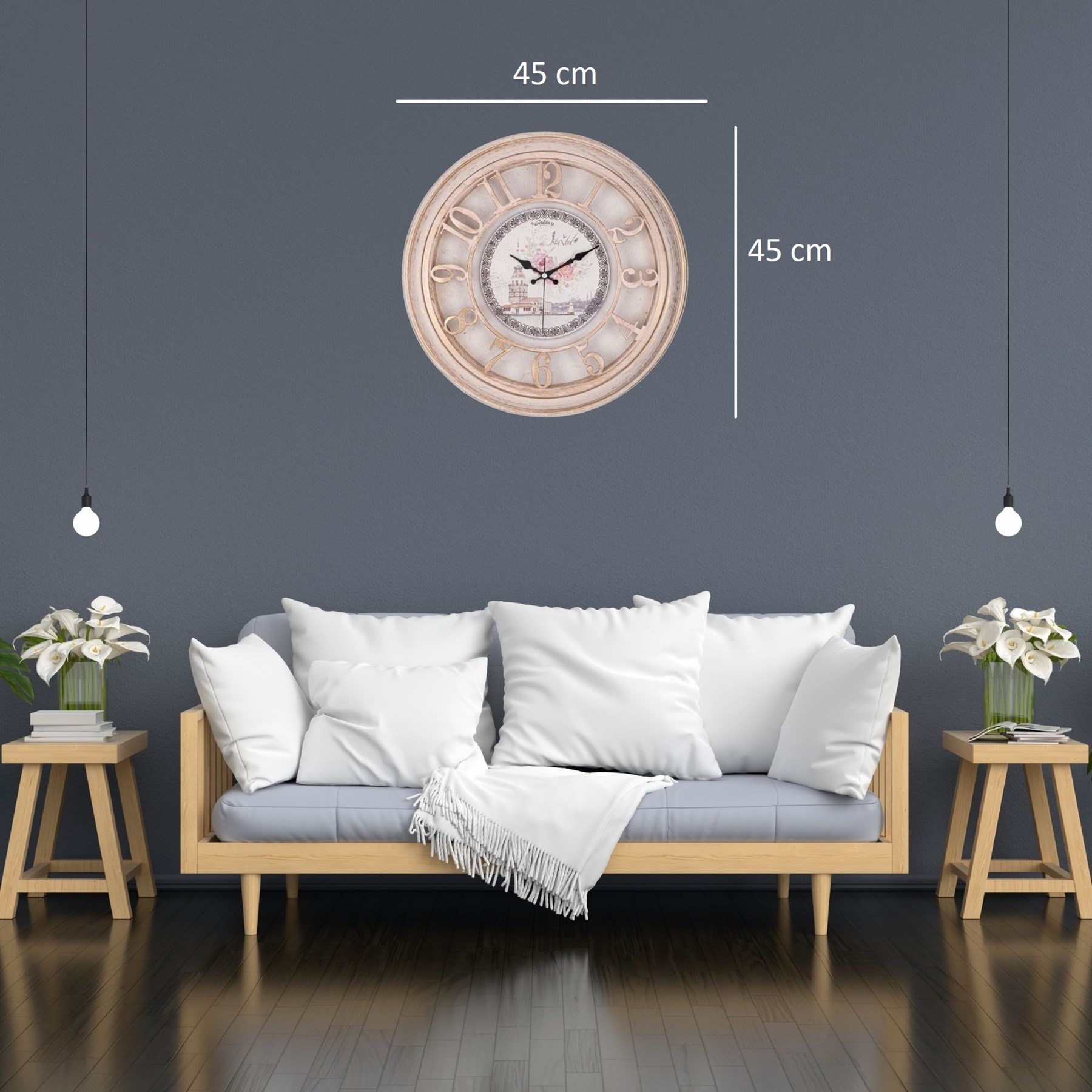 45 Cm Eskitme Çerçeve Kabartma Duvar Saati