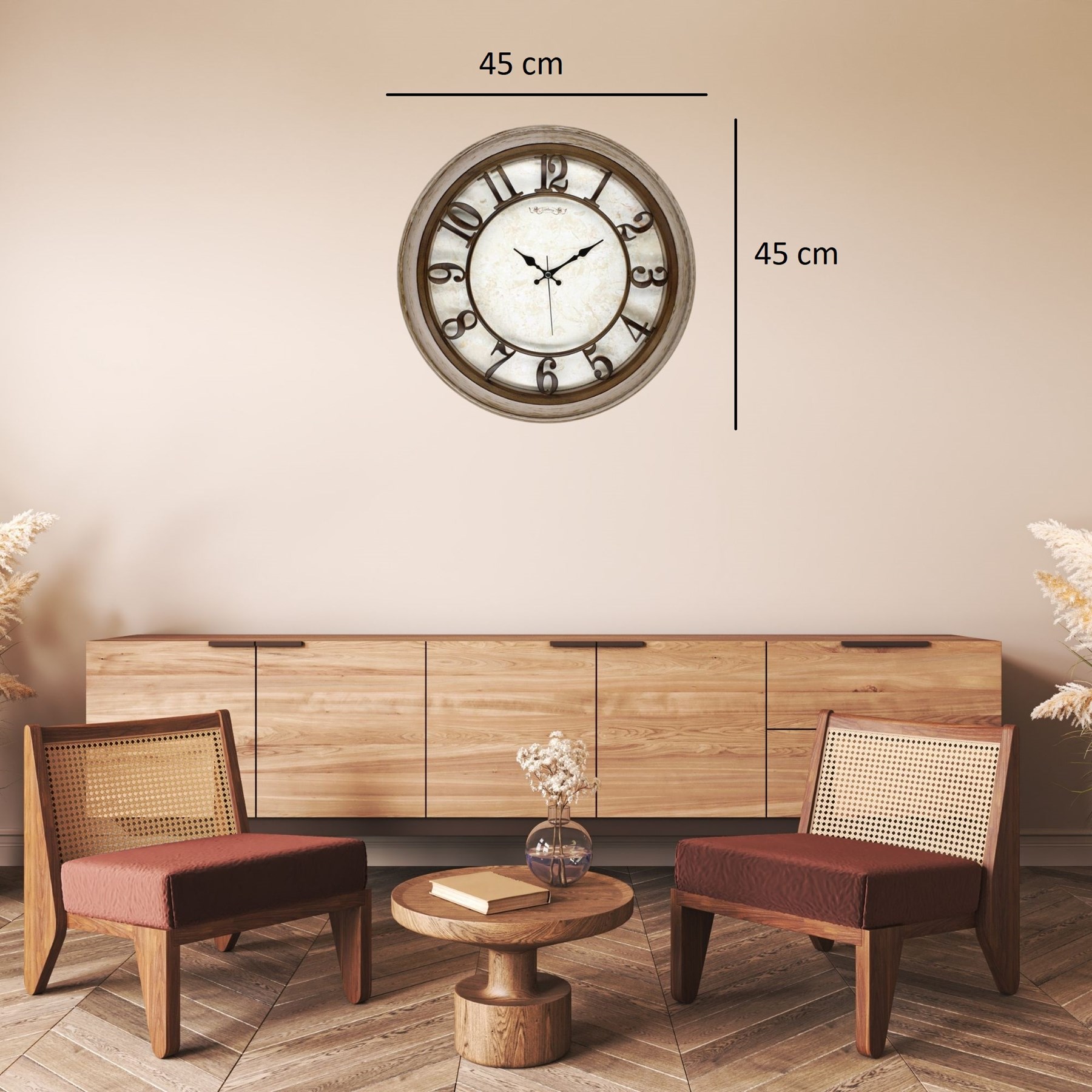 Vintage 45 Cm Eskitme Çerçeve Kabartma Duvar Saati