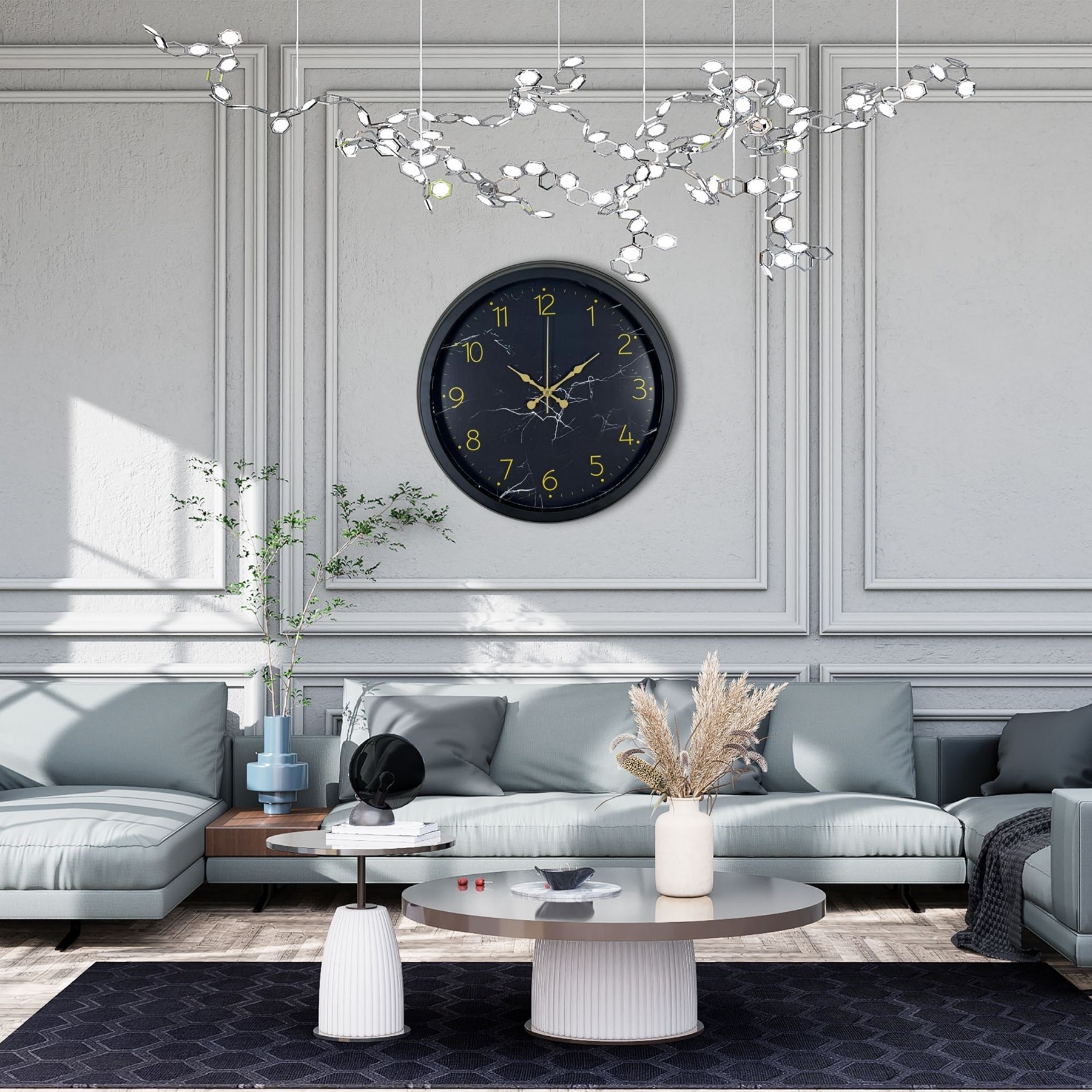 Siyah 40 Cm Mermer Desenli Metal Duvar Saati
