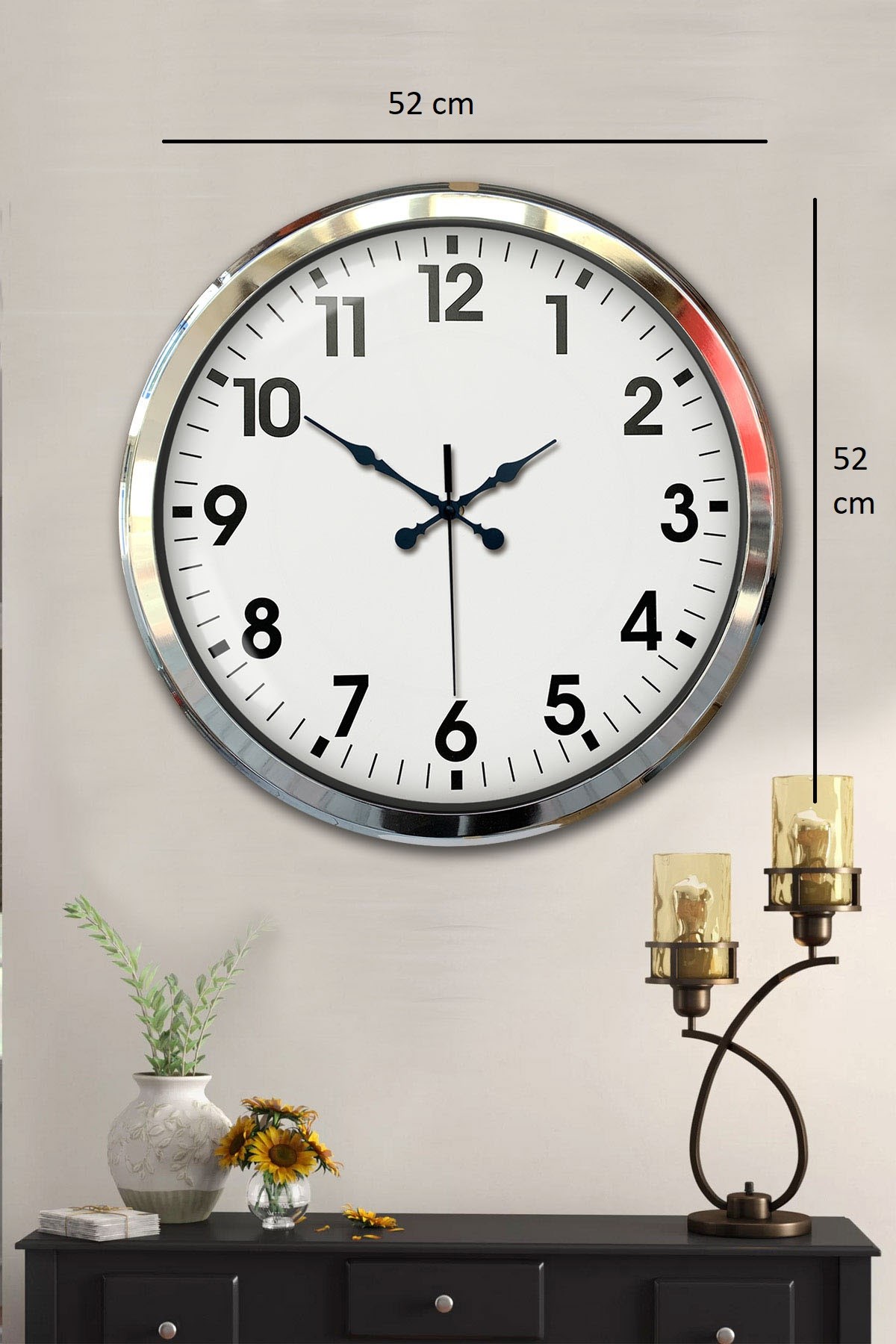 Krom Şıklık 52 Cm Metal Modern Duvar Saat