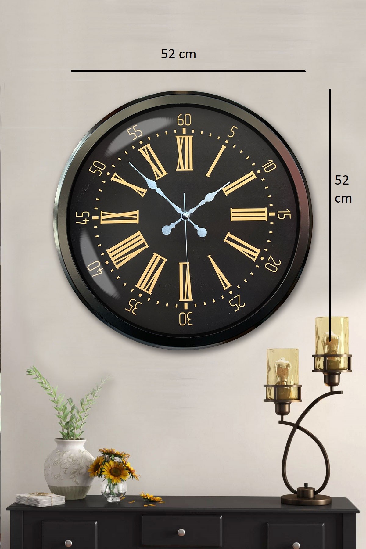 Siyah Roma Rakamlı 52 Cm Metal Duvar Saati