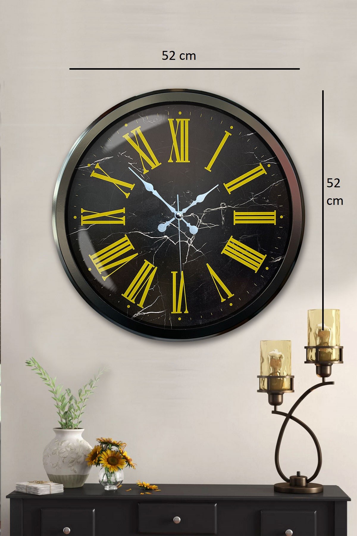 Siyah Mermer Desenli 52 Cm Metal Duvar Saati