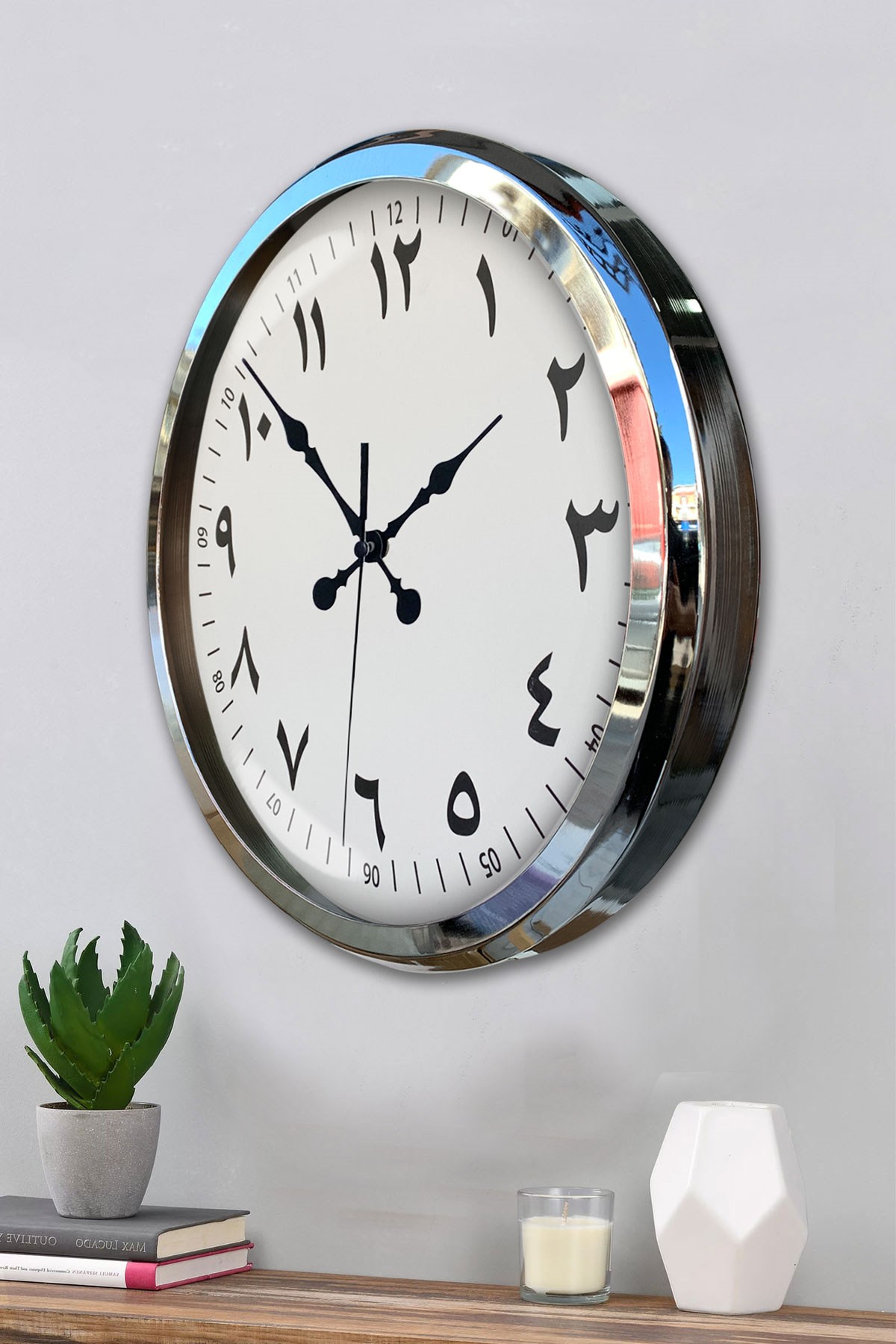 Arapça Rakamlı Krom 52 Cm Metal Duvar Saati