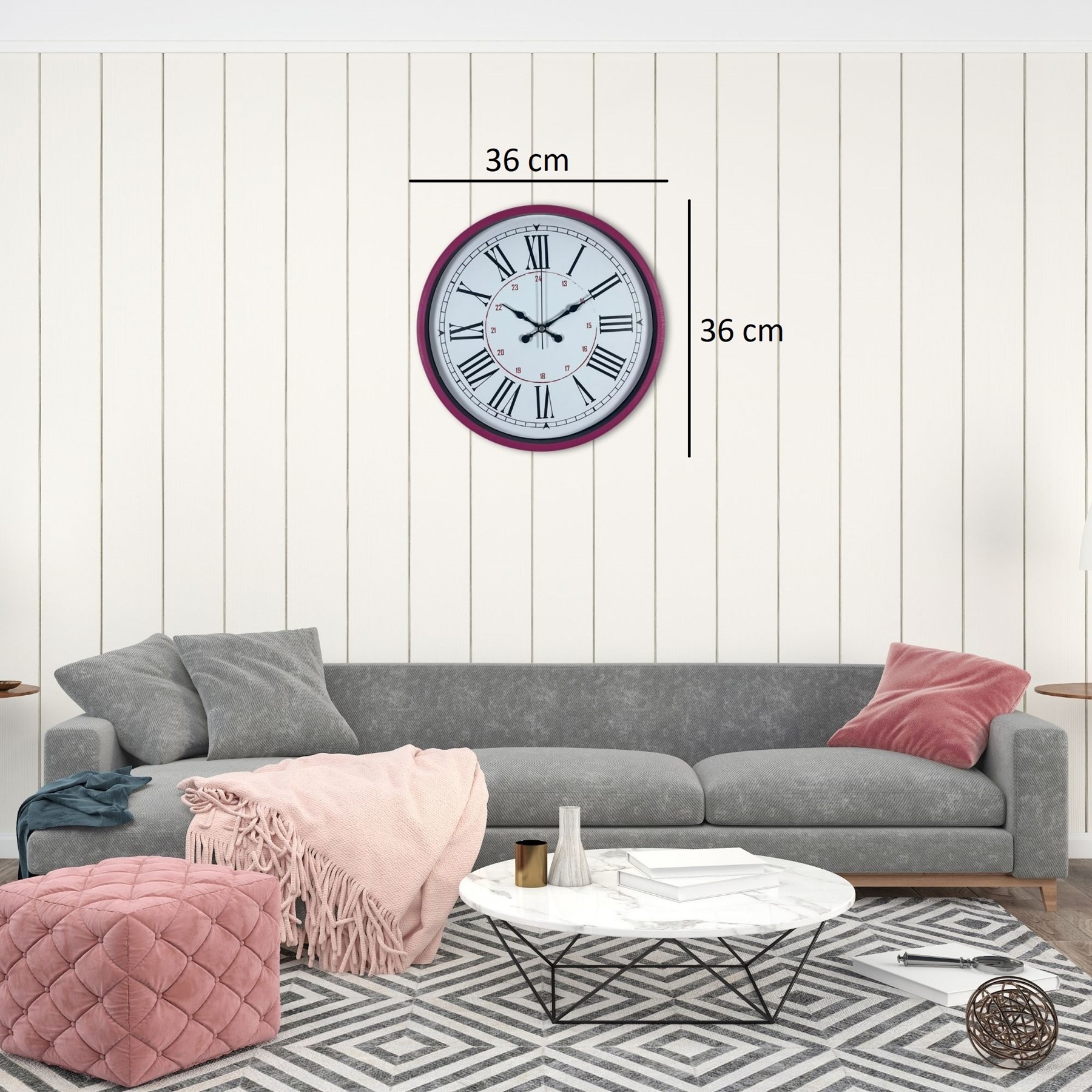 Pembe 36 Cm Dekoratif Duvar Saati