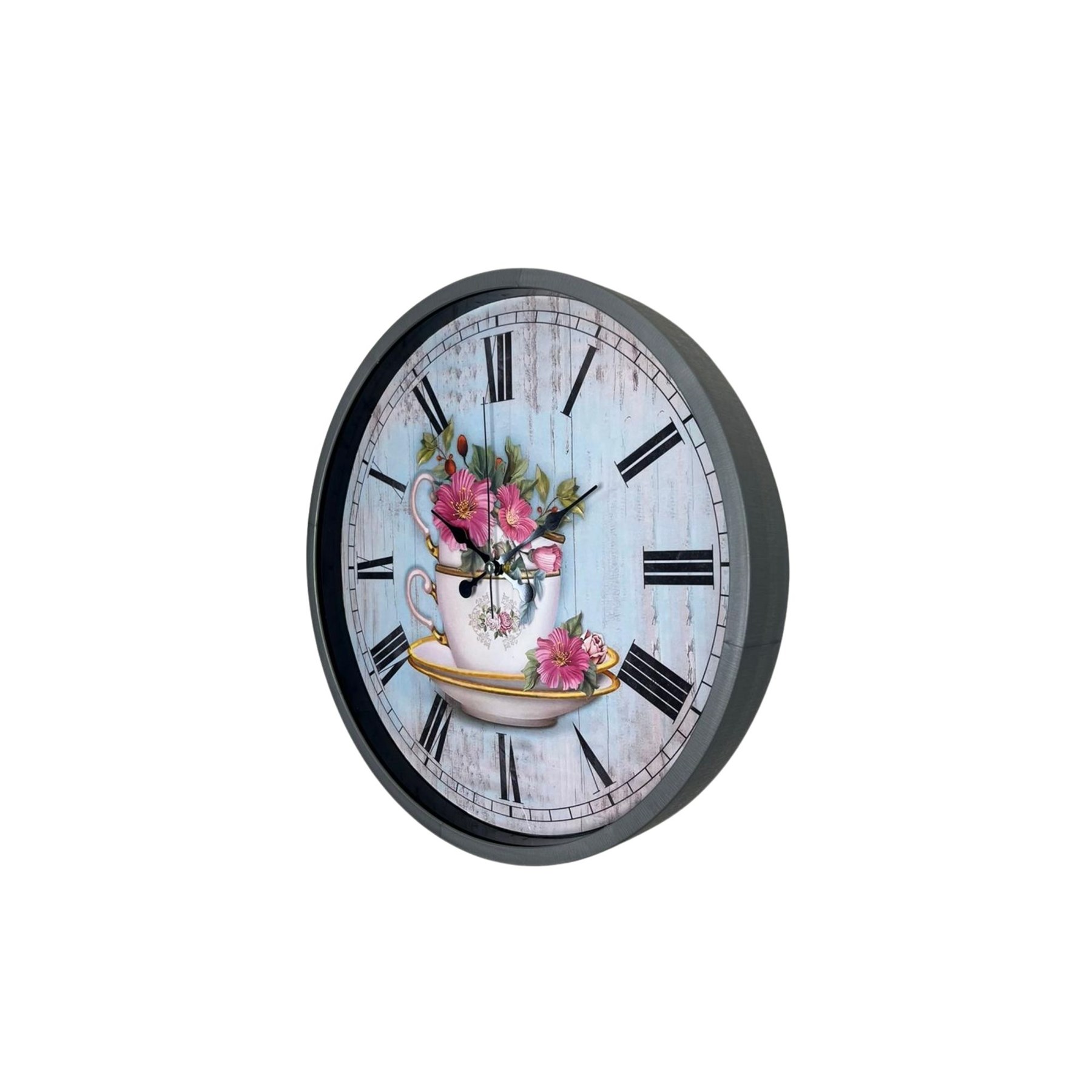 Gri Flower Cup 36 Cm Duvar Saati