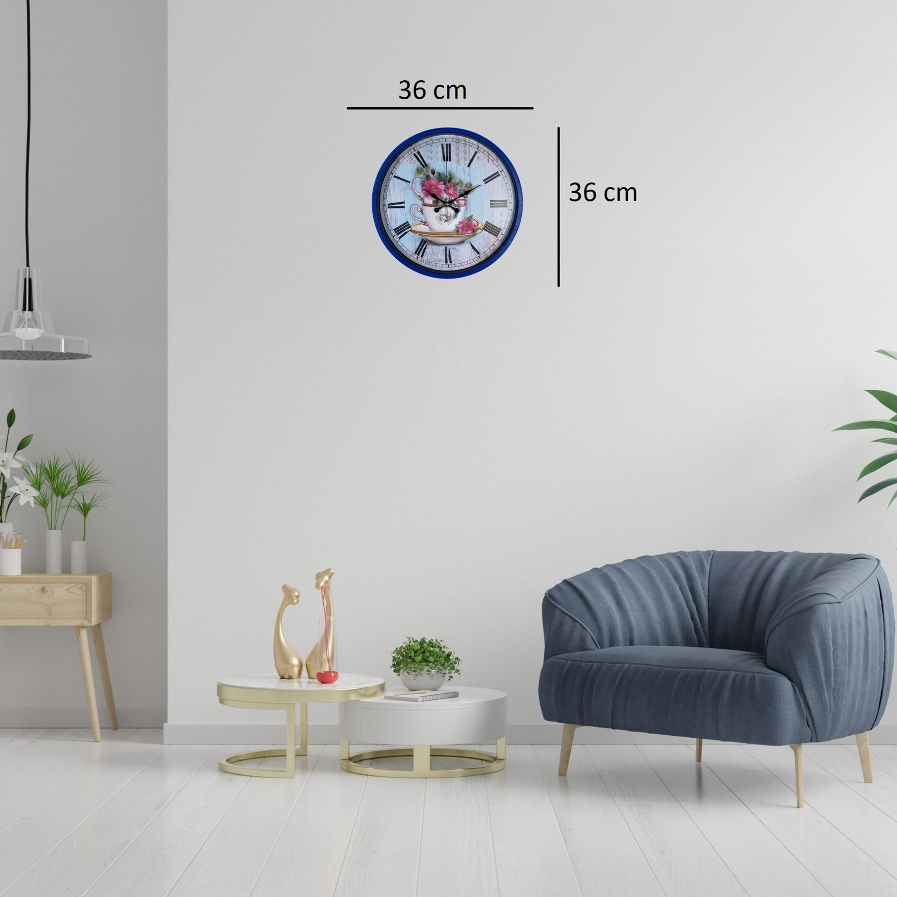 Lacivert Çiçek Desenli 36 Cm Duvar Saati