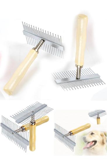 BUFFER® Çift Taraflı Ahşap Saplı Ergonomik Evcil Hayvan Fırçası Tarağı