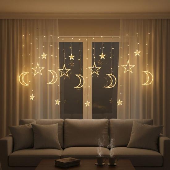Ay ve Yıldız Figürlü Kumandalı 12 Sarkıtlı 120 LED Dekor Işık – Dekoratif Ortam ve Masaüstü Aydınlatması