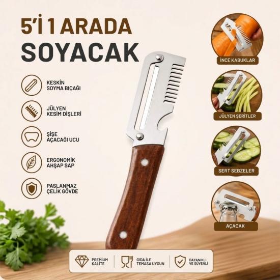 BUFFER® 5’i 1 Arada Çok Fonksiyonlu Sebze ve Patates Soyucu, Paslanmaz Çelik Bıçaklı, Ahşap Görünümlü Saplı Mutfak Jülyen Soyacak, Şişe Açacağı
