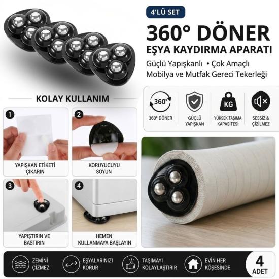 BUFFER® 4’lü 360° Döner 3 Bilyeli Eşya Kaydırma Aparatı, Güçlü Yapışkanlı Çok Amaçlı Mobilya ve Mutfak Gereci Tekerleği