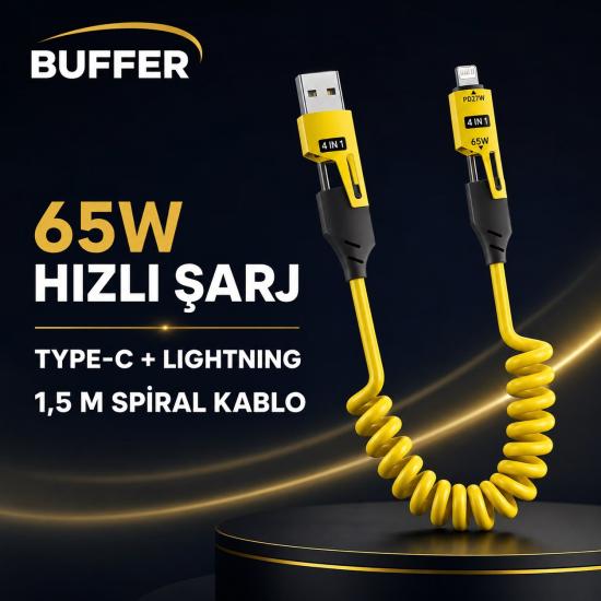 BUFFER® 4’ü 1 Arada Esnek Spiral Hızlı Şarj Kablosu, Araç İçi Yaylı Kablo, Type-C ve Lightning Uyumlu Çoklu Şarj Kablosu
