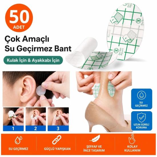 BUFFER® 50 Adet Su Geçirmez Kulak Bandı ve Ayakkabı Vurma Önleyici Bant Seti, Çok Amaçlı Koruyucu Yapışkan Bant