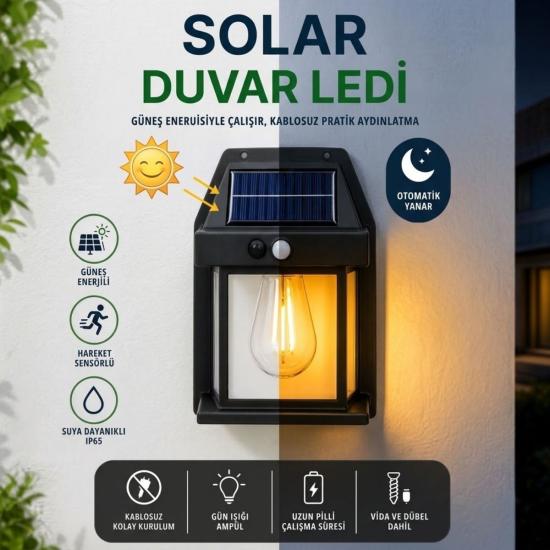 BUFFER® Ampul Model 3 Modlu Solar LED Duvar Lambası, Güneş Enerjili, Şarjlı Kablosuz Dış Mekân Apliği, Bahçe ve Kapı Lambası
