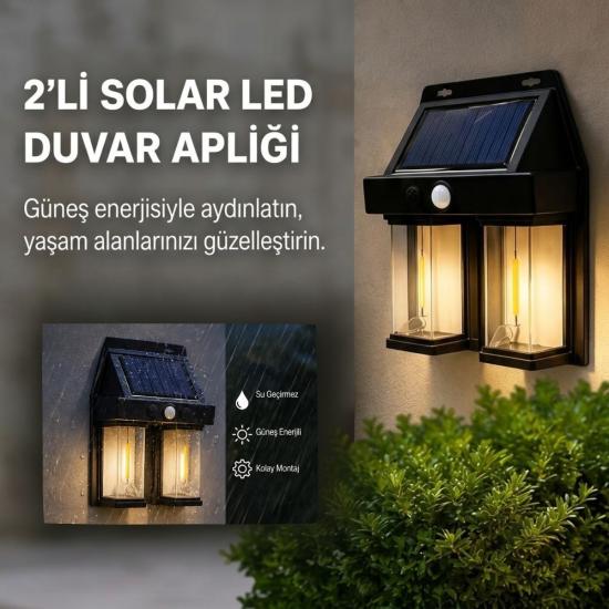 BUFFER® 2’li Solar Güneş Enerjili LED Duvar Apliği, Hareket Sensörlü, Şarjlı, Kablosuz Dış Mekân Bahçe ve Kapı Lambası