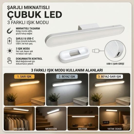 BUFFER® Şarjlı Manyetik LED Çubuk Lamba, Dokunmatik, 3 Modlu, Kablosuz Mutfak Dolap Altı ve Dekoratif Aydınlatma