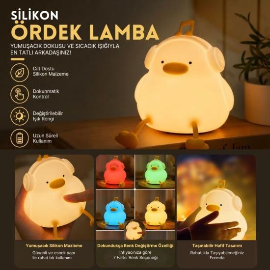 BUFFER® Vurmalı 7 Renkli Silikon Ördek LED Masa Lambası, Müzisyen Tasarımlı, Dokunmatik Renk Değiştiren Dekoratif USB Gece Lambası
