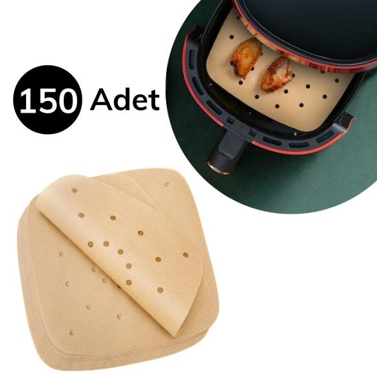 BUFFER® 150 Adet Air Fryer Pişirme Kağıdı Tek Kullanımlık Hava Fritöz Yağ Geçirmez Yapışmaz Gıda Pişirme Kağıdı Delikli Kare Model