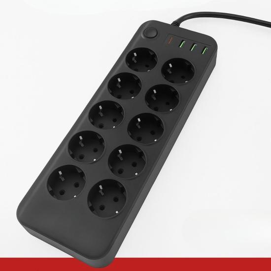 BUFFER® Akım Korumalı Termal Uzatma Kablosu – 10 Priz, 2 USB ve 2 Type-C Girişli, Güçlü Çoklu Priz