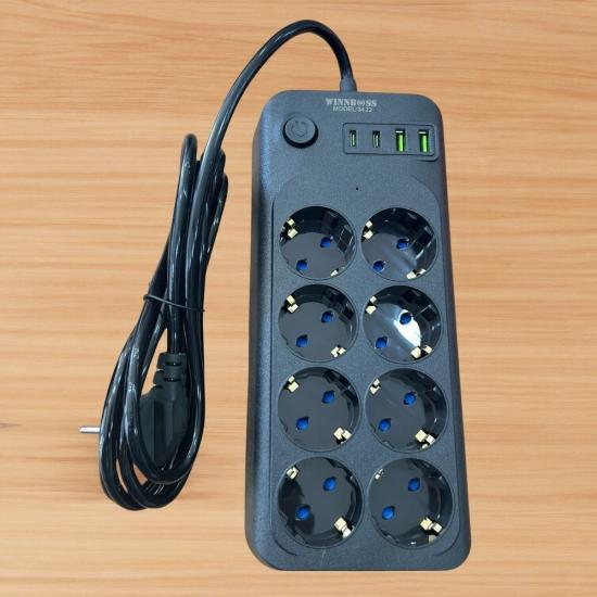 BUFFER® Akım Korumalı Termal Uzatma Kablosu – 8 Priz, 2 USB ve 2 Type-C Girişli, Güçlü Çoklu Priz
