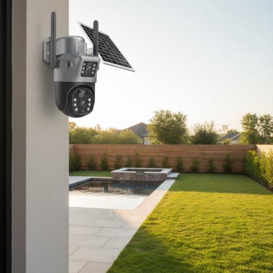 BUFFER® Güneş Panelli Akıllı Güvenlik Kamerası 360° PTZ Hareketli,Kablosuz WiFi,Çift Anten ve Kameralı,Gece Görüşlü,Hareket Algılamalı,Solar Kamera