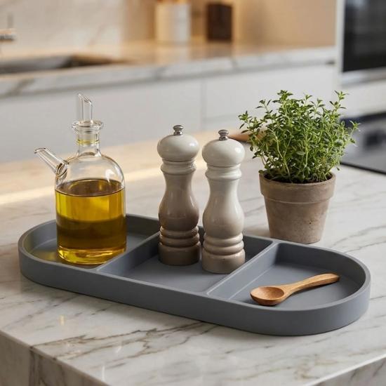 BUFFER® Çok Amaçlı 3 Bölmeli Gri Silikon Altlık – Yağdanlık ve Sunum Organizeri