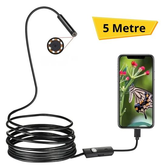 BUFFER® 5 Metre Android Telefon Uyumlu 6 LED Işıklı Su Geçirmez Endoskop / Boroskop Yılan Kamera HD