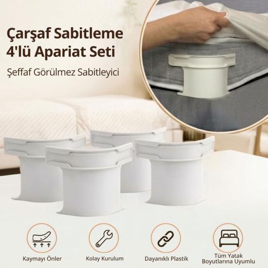 BUFFER® 4’lü Çarşaf Sabitleyici Kaydırmaz Aparat, Dört Köşeden Kilitleyen Şeffaf Akıllı Çarşaf Tutucu Sistem