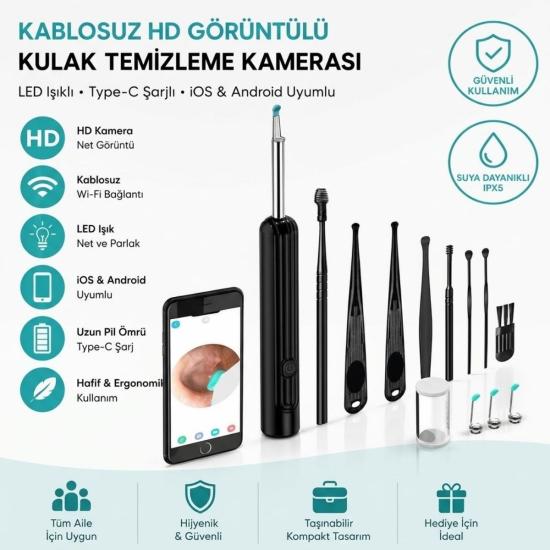 BUFFER® Siyah Kablosuz HD Görüntülü Kulak Temizleme Kamerası, LED Işıklı Type-C Şarjlı iOS ve Android Uyumlu Kulak Temizleme Seti